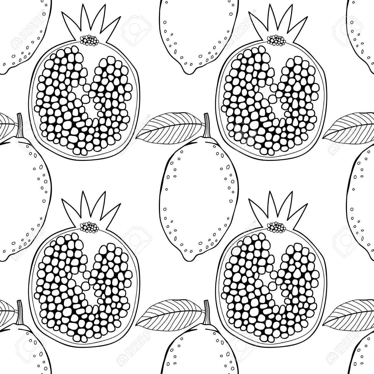 Online coloring book: Coloring page pomegranate and lemons